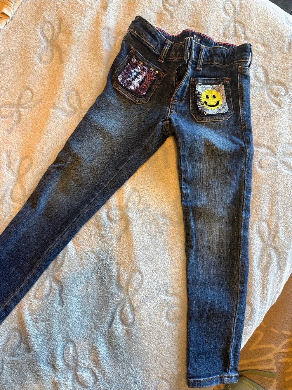 GAP Dark Blue Skinny Jeans with Sequin Smiley and Reversible Patch